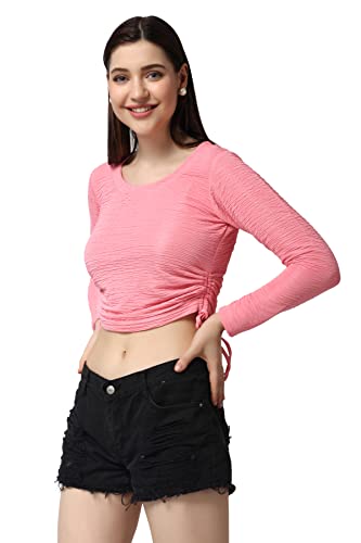 Image of POPWINGS Casual Self Design Regular Fit Polyester Full Sleeves Crop Tops for Women with Crush String