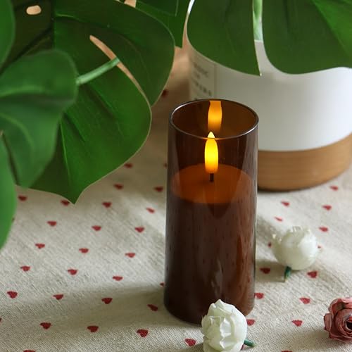 Image of CANDLE CHOICE Indoor Outdoor Flameless Candles with Timer Waterproof Realistic Flickering Battery Operated Pillar LED Lights with Acrylic Shell Wedding Party Christmas Decorations 6 Pack 2 inchx5 inch Brown