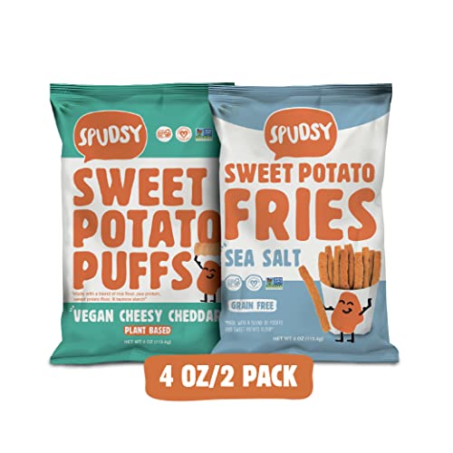 Sweet Potato Puffs by Spudsy | Vegan, Gluten Free Snacks | Plant-Based | Allergen-free, Non-GMO, Kosher Superfood Snack Veggie Chips (Vegan Cheesy Cheddar/Sea Salt Fry Variety, 2 PACK)