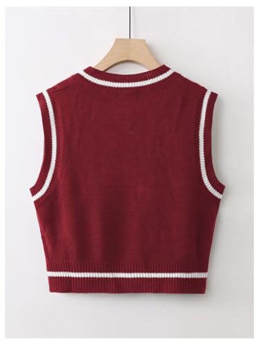Image of Floerns Women's V Neck Letter Striped Trim Sleeveless Sweater Vest Knit Top