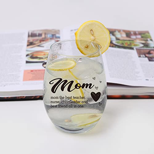 Jogskeor Mom Stemless Wine Glass, Mom Gifts For Birthday, Mother's Day, Christmas, Thanksgiving, Gifts For Mom From Son And Daughter, 15Oz #TOP3