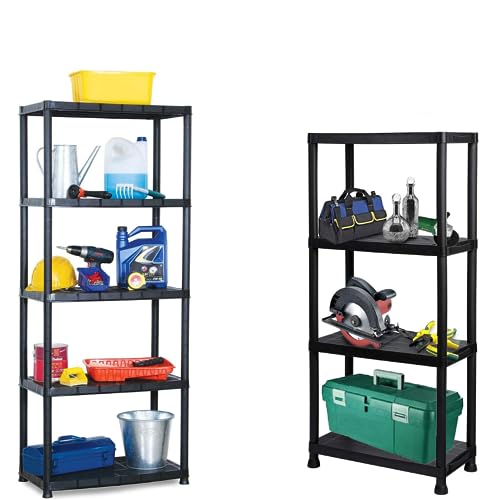 4/5 Tier Black Plastic Shelving Unit Storage Organised Garage/Home/Pantry Racking Shelf Shelves Workbench Workman Bays Racking Tools Paint Stationary (5 Shelves)