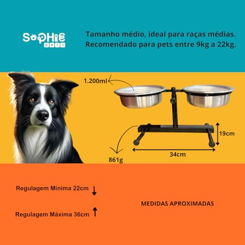 Comedouro Bebedouro de Alumínio Polido Duplo Regulável Preto Médio 1.200ml Ajustável Elevado Altura