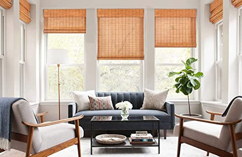 Lazblinds No Tools No Drill Cordless Bamboo Roman Shades, Light Filtering Window Treatment, Roll Up Bamboo Blinds For Window 26'' W X 64'' H, Wood #TOP3