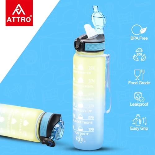 Image of ATTRO Prime Motivational Water Bottle-Set of 2-Blue Yellow-1L