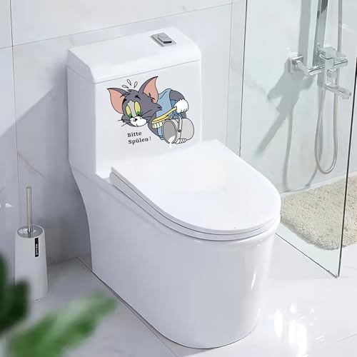 Toilettenaufkleber \Bitte Spülen!\ mit Tom aus Tom und Jerry - Lustiger Cartoon-Sticker für WC-Deckel - Wetterfester Vinyl-Aufkleber (20x21cm, 2er-Set)