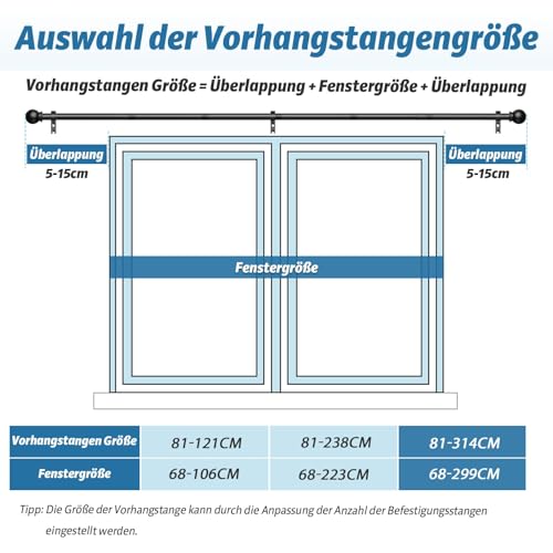 TRAROD Gardinenstange Schwarz 81-314cm, Vorhangstange Schwarz 16 mm Durchmesser, Metall Gardinenstange mit Kugelkopf Enden für Schlafzimmer, Wohnzimmer und Küchen, Schwarz Matt