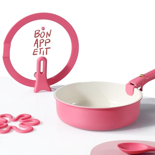 CAROTE 18Pcs Pots and Pans Set Non Stick, Nonstick Ceramic Cookware Set with Detachable Handle, Non Toxic Kitchen Cooking Sets, PFOA Free, Oven Safe, Stackable Induction Ready, Pink - Image 2