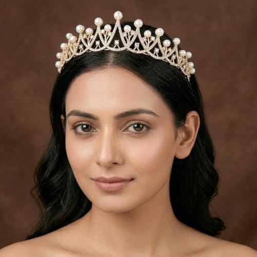 Image of Peora Cubic Zirconia & Pearl Studded Princess Tiara Crown Hair Accessory for Girls & Women