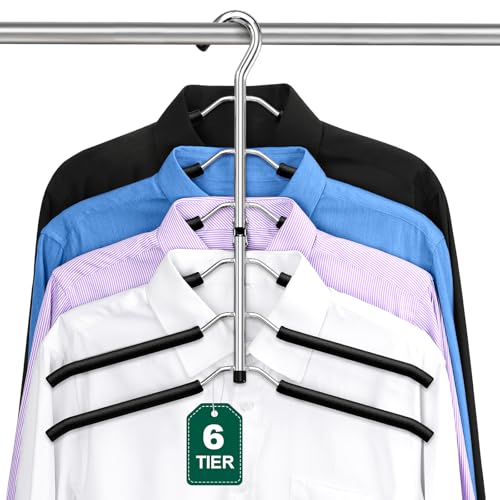 ZriEy Kleiderbügel mit 6 Ebenen, Zusammenklappbar, rutschfest Kleiderständer Platzsparend Schwarz Metall Erwachsene Hangers Schrank Organizer für Männer und Frauen, Kleideraufbewahrung & Organisation
