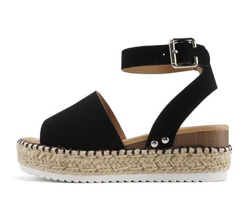 Soda Topic Open Toe Buckle Ankle Strap Espadrilles Flatform Wedge Casual Sandal (Blk Nbpu (Whipped Stitch), 9) by Soda - Used condition - US$25.55
