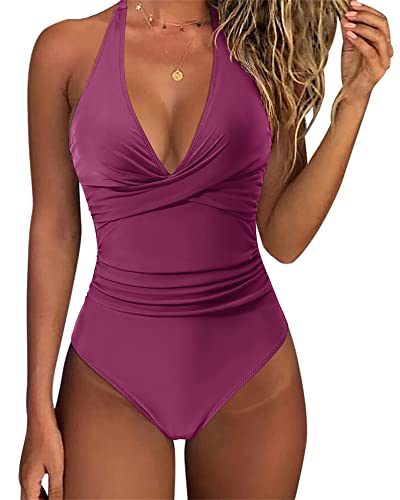 Image of SUUKSESS Women Sexy Tummy Control One Piece Swimsuits Halter Push Up Bathing Suits