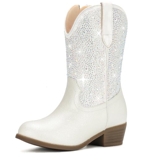 Eswilran Rhinestone Girls Cowgirl Boots - Sparkly Cowboy Boots for Little Big Kids Toddler With Side Zipper Rounded Toe Non-Slip Comfortable Daily Birthday Halloween Rodeo Western Party Outfit
