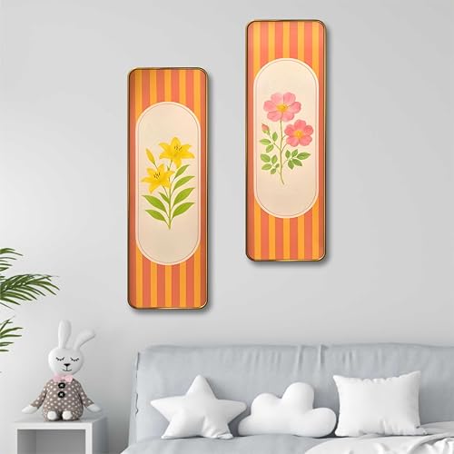 Image of Livin'luxe Striped Floral Set of 2 Vertical MDF Wall Panels | Premium Sparkle Lamination Finish | Modern Yellow & Pink Flower Art for Living Room & Bedroom Wall Decor 20 Inch x 30 Inch