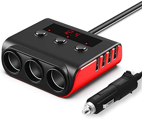 Auto Ladegerät Adapter, SONRU 3 Fach KFZ Zigarettenanzünder Verteiler mit 4 USB Ports, 120W 12V/24V DC Mehrfach Steckdose Splitter mit LED Voltmeter Getrennte Schalter für GPS/Dash