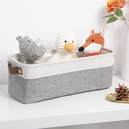 Image of DULLEMELO Fabric Bathroom Storage Bin with Leather Handles, Narrow Organizer for Towels, Toilet Paper Rolls, Storage Basket for Back of Toilet, Vanities, Shelves & Cabinets (White&Gray)