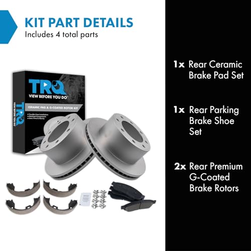 Image of TRQ Rear Brake Pad & Rotor Kit Parking Brake Shoe Set Ceramic Premium G-Coated Compatible with 2011-2012 Ford F-250 Super Duty F-350 Super Duty