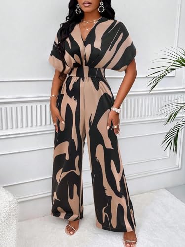 Image of PerZeal Women's V-Neck Short Sleeve Printed Jumpsuit with Pockets - Casual Wide Leg One-Piece Romper for Summer(S-XXL)