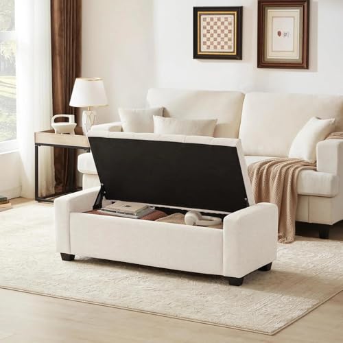 Image of Storage Ottoman Bench with Safety Hinge | Upholstered Tufted End of Bed Bench with Hidden Storage | Bedroom Living Room Entryway Seating | Modern Rectangular Footrest Seat | Fabric Bench Beige