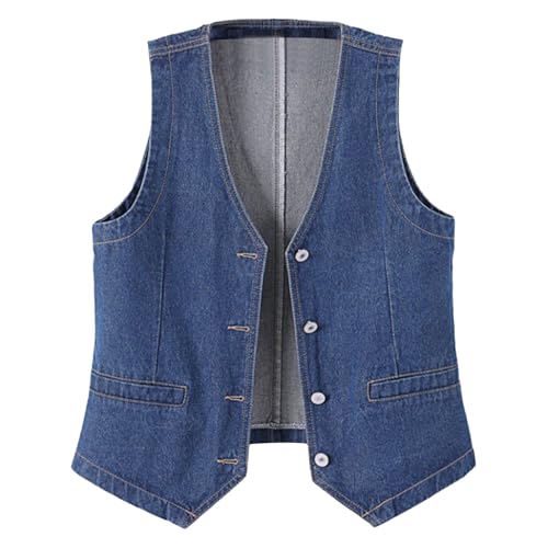 Generisch Chaleco vaquero informal para mujer, clásico, moderno, con bolsillos, cuello en V, tira de botones, para primavera, verano, informal, sin mangas, chaqueta vaquera, chaqueta de entretiempo