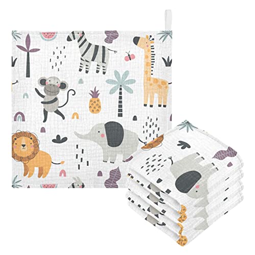 Image of Cute Exotic Animals Burp Cloths for Boys Girls, Monkey Elephant Baby Muslin Washcloths Cartoon Lion Giraffe Zebra Soft Absorbent Face Bath Towel Kids Wash Cloth 12x12 Inch, 3 Pack