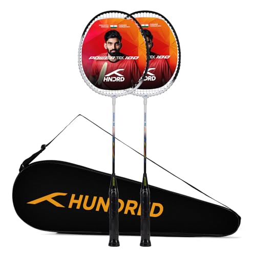 HUNDRED Powertek 100 (Set of 2) Badminton Racquet with Full Cover (White/Black Size: Standard Grip Size: G5) | Strung | Material: Aluminium | Maximum Tension: 16-18lbs | for Intermediate player