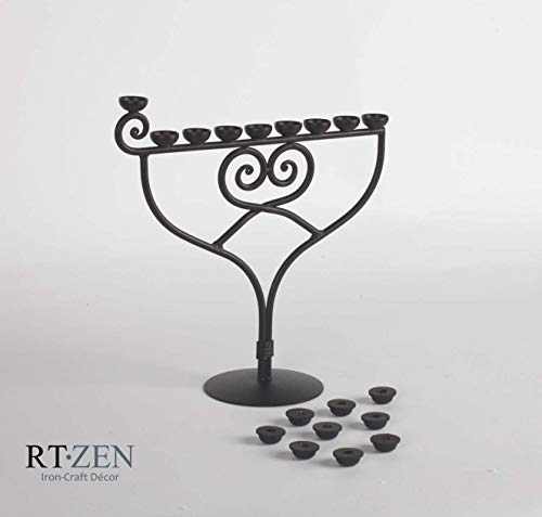Rtzen Judaica - Heart Style Hanukkah Menorah, Handmade, 9 Iron Branches, Israel Design, For All 8 Nights Of Chanukah,(Black), Blacksmith Hanukah Candle Holder, Wrought Metal Décor #TOP6