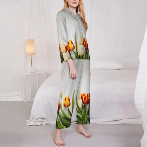 Ensemble pyjama haut de gamme imprimé tulipes finitions soignées