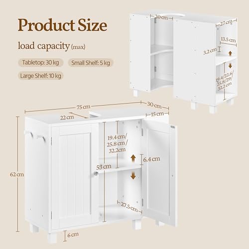 Yaheetech Under Sink Bathroom Cabinet, Bathroom Storage Cupboard Furniture with 2 Doors, Adjustable Shelves and Open Side Storage Unit White