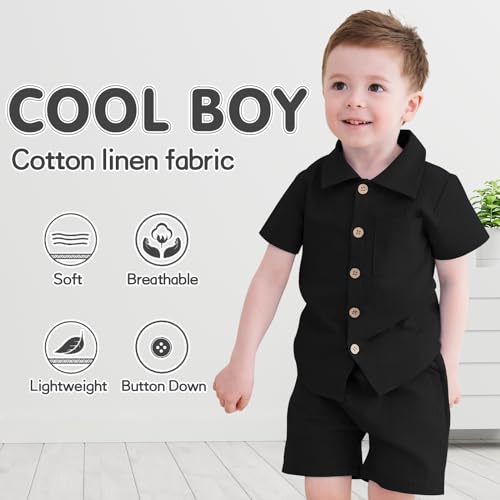 Neutocd Toddler Baby Boy Summer Clothes Cotton Linen Short Sleeve Solid Button Down Shirt Shorts Set Outfits with Pockets2