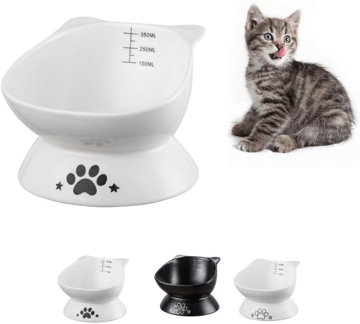 Cat Bowls Ceramic Raised Tilted 15 Degrees Elevated Cat Food and Water Bowls (12oz/350ml), Dog Kitten Food Dishes Pet Feeder for Cats and Small Dogs, Dishwasher Safe (White)