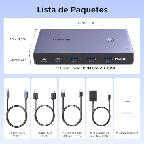UGREEN KVM Switch HDMI usb C 4K 60Hz 2 Entradas 1 Salida 4 Puertos USB 3.0 3A 5Gbps Conmutador Compatible con MacBook PS5 Ordenador Host Steam Deck - imagen 9