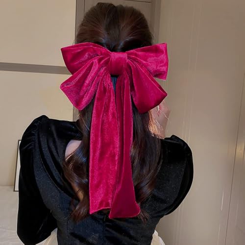 Jumwrit Red Extra Big Hair Bow Clip Large Long Hair Bowknot Soft Hair Barrette Strong Hold Solid Color Hair Clip for Women Girls