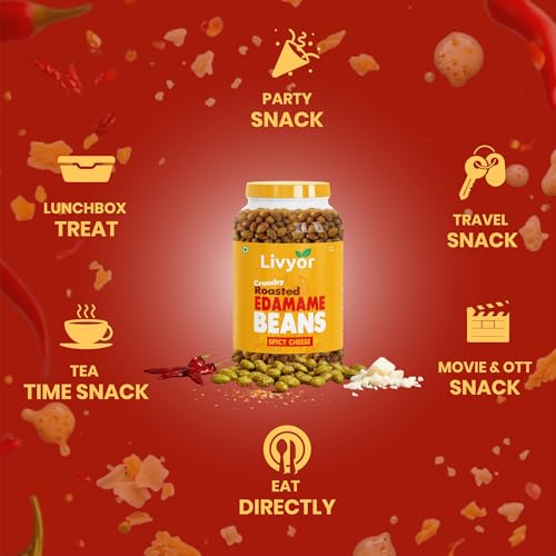 Image of Livyor Crunch Roasted Edamame Beans 500g | Spicy Cheese Flavour | Roasted not fried | Plant based healthy snack | High Protein Snack | Gluten Free | Vegan | High In fibre