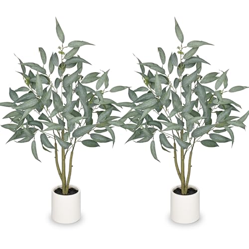 2 Packs Artificial Eucalyptus Tree in White Pot – 3FT