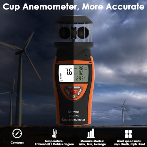 Handheld Cup Anemometer, Kethvoz Digital Air Flow Meter Measure Wind Speed up to 42m/s, Test Temperature for Shooting Hunting Paragliding Outdoor Activities
