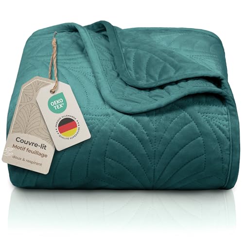 Gräfenstrayn Couvre lit 2 Personnes 240x260 cm – Dessus de lit matelassé Motif Feuilles – boutis déco en Polyester Doux pour lit Double, canapé ou...