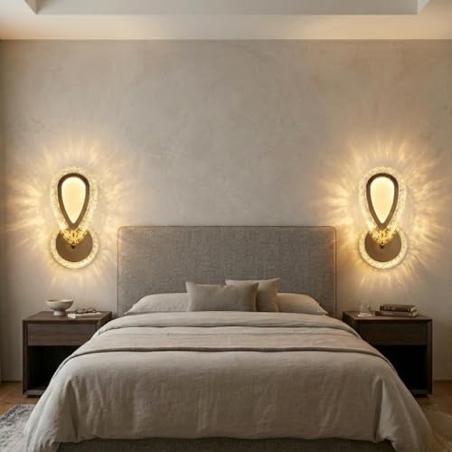 Image of Groeien Pack of 2 | 12w | 3 Color LED Crystal Teardrop Wall Sconce Light for Bedroom Living Room Corridor Lighting Fixtures Wall Mount(Warm+Natural+Coolwhite)(Crystal-Teardrop, 2, Count)