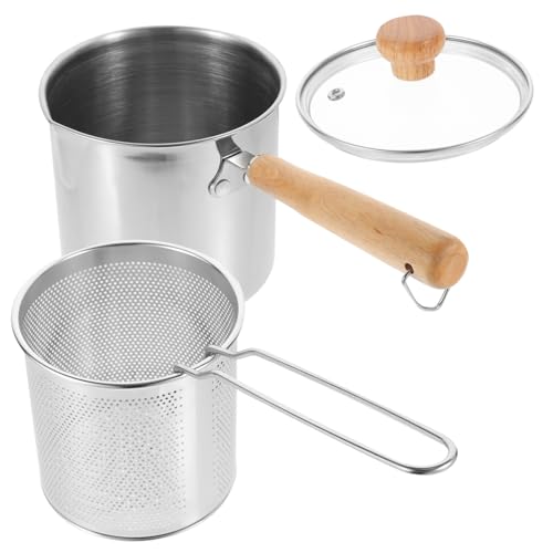 Ipetboom 1 juego Freidora Inoxidable con Cestillo y Tapa de Vidrio Olla Multifuncional para Tempura para Cocinar Comidas Casa