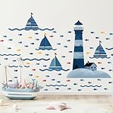 AmazingSpark 4 Pcs Large Lighthouse Wall Decals Watercolor Blue Ocean Beach Stickers Removable Vinyl DIY Decor Lighthouse Boats Fish Nautical Wall Decals for Nursery Bedroom Playroom Decorations