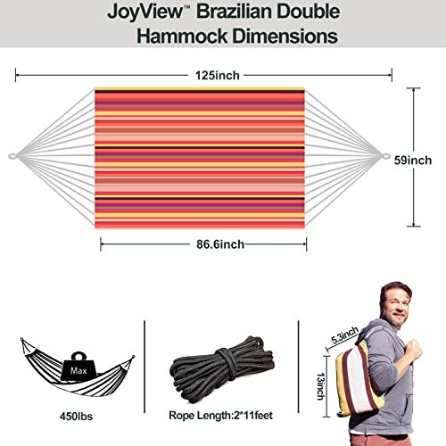 Joyview Brazilian Double Hammock With Hanging Ropes Extra Large 86.6X59” Portable Cotton Hammock For Patio Backyard Porch 450Lbs Weight Capacity Perfect For Outdoor/Indoor - Red Stripes #TOP1