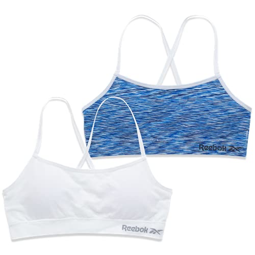Reebok Girls' Bralette - Seamless Racerback Crop Cami Bralette with Removable Pads (2 Pack), Size Medium, White/Black Space Dye