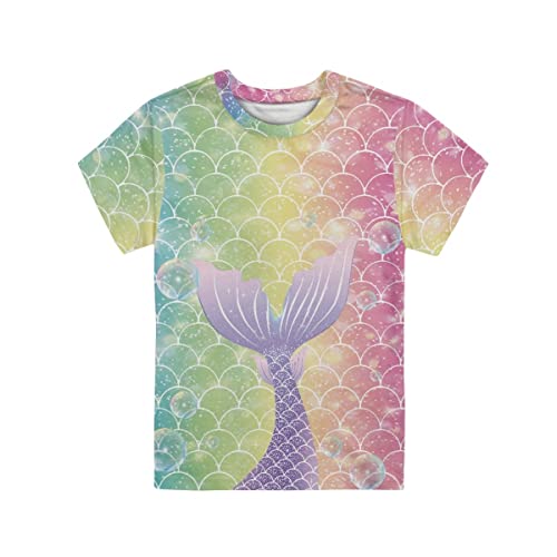 ENLACHIC Girls Cute Unicorn Mermaid Scale Tee Shirts Summer Short Sleeve Graphic T-Shirts 3-16 Years2