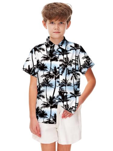 Image of Remimi Unisex Kids 4th of July Button Up Shirt Boys American Flag Print Hawaiian Beach Short Sleeve Tops 5-14 Years