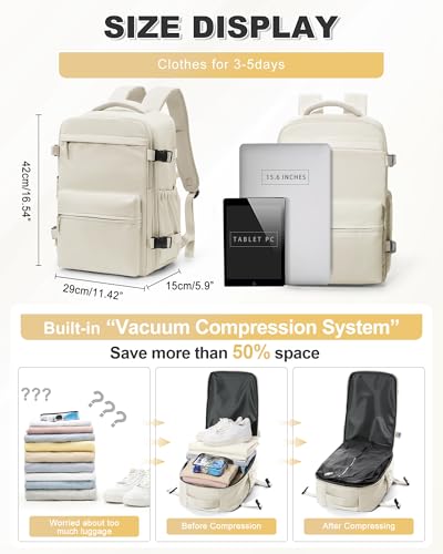 Image of winspansy Small Travel Backpack Storage Vacuum Compression Bags with Pump for Travel Storage Carry on Business Day Vacpack Backpack for Women Men with Vacuum College Bag Beige