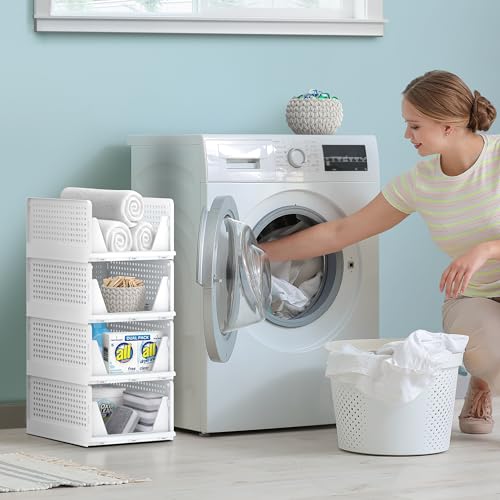 Image of Sorbus 4 Pack Medium Shelf Organizer with Open Front Design Under Shelf for Closet Bathroom Kitchen Garage Plastic Stackable Storage Baskets