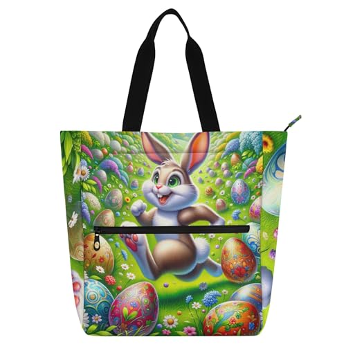 Bolsa tote de coelhinho da Páscoa Prado alegre para crianças, mulheres, trabalho, escola, amantes de livros, estampa floral, bolsa média com zíper