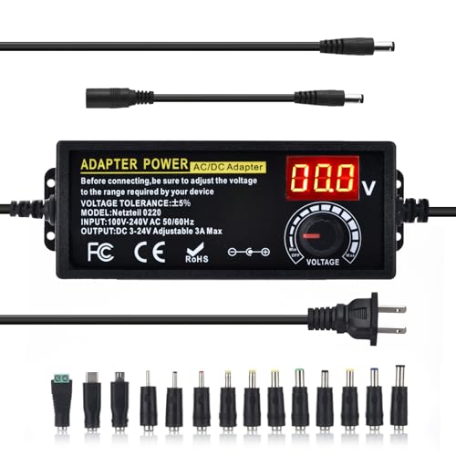 Universal Power Supply Adjustable 3A 72W DC 3V ~ 24V Variable Universal Switching 100V-240V AC/DC Adapter with Volt Display & Adjustable Voltage & 14pcs Tips & A Reverse Polarity Converter