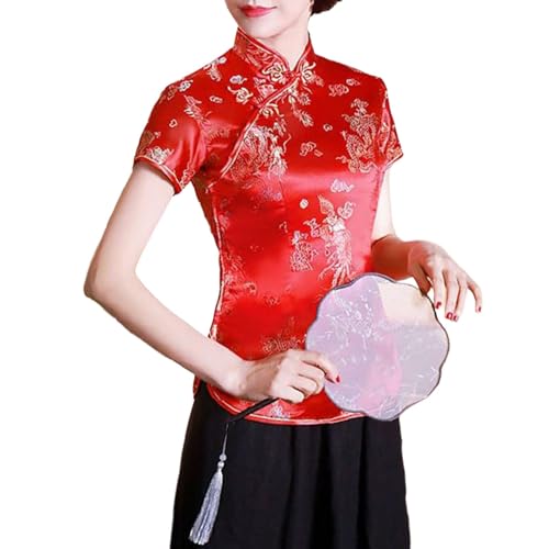 Women's Chinese Cheongsam Satin Top Short Sleeve Mandarin Collar Frog Closure Shirt Performance Party and Festival Wear Red, M