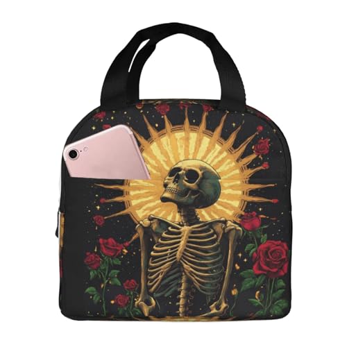 Borsa termica per il pranzo, unisex, motivo scheletro gotico con rose, graziosa scatola portapranzo per donne e uomini, riutilizzabile, a prova di perdite, contenitore per il pranzo per viaggi, lavoro